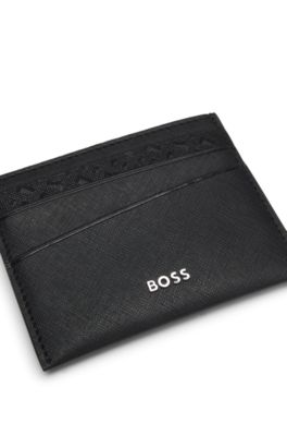 Mixed-texture card holder with logo trim, Black