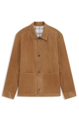 Veste boutonn&eacute;e en daim avec int&eacute;rieur &agrave; carreaux, Beige