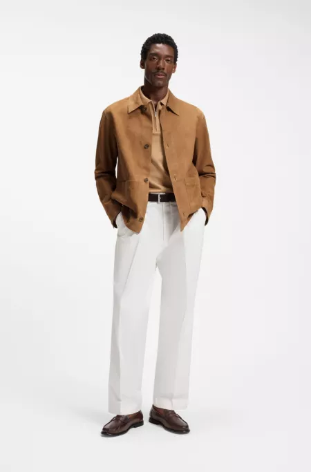 Button-up suede jacket with checkered lining