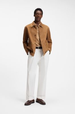 Veste boutonn&eacute;e en daim avec int&eacute;rieur &agrave; carreaux, Beige