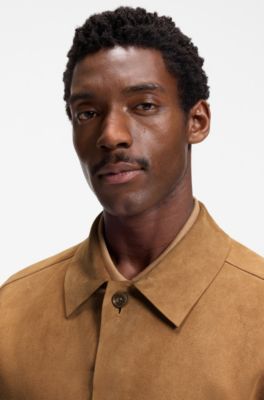 Veste boutonn&eacute;e en daim avec int&eacute;rieur &agrave; carreaux, Beige