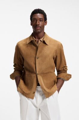 Veste boutonn&eacute;e en daim avec int&eacute;rieur &agrave; carreaux, Beige