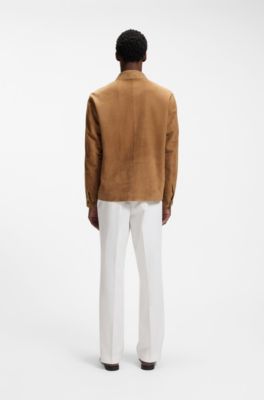 Veste boutonn&eacute;e en daim avec int&eacute;rieur &agrave; carreaux, Beige