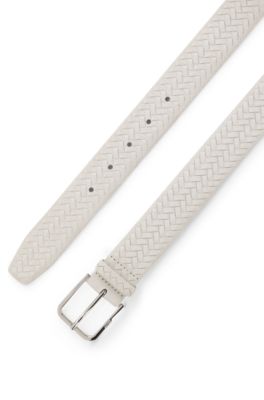 Ceinture en cuir su&eacute;d&eacute; tress&eacute; avec boucle logot&eacute;e, Blanc