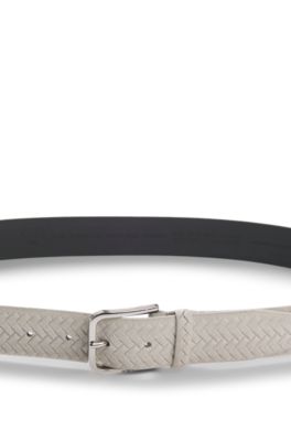 Ceinture en cuir su&eacute;d&eacute; tress&eacute; avec boucle logot&eacute;e, Blanc