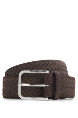 Ceinture en cuir su&eacute;d&eacute; tress&eacute; avec boucle logot&eacute;e, Marron fonc&eacute;