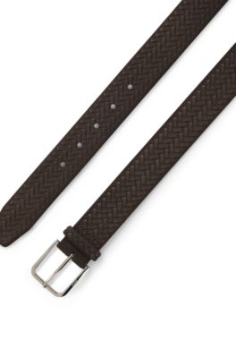 Logo-buckle belt in woven suede, Dark Brown