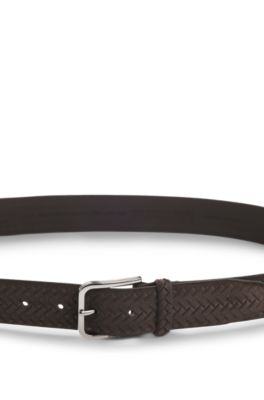Logo-buckle belt in woven suede, Dark Brown