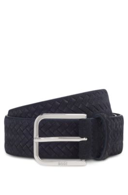 Logo-buckle belt in woven suede, Dark Blue