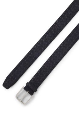 Ceinture en cuir su&eacute;d&eacute; tress&eacute; avec boucle logot&eacute;e, Bleu fonc&eacute;