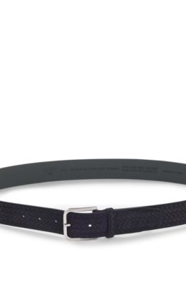 Logo-buckle belt in woven suede, Dark Blue