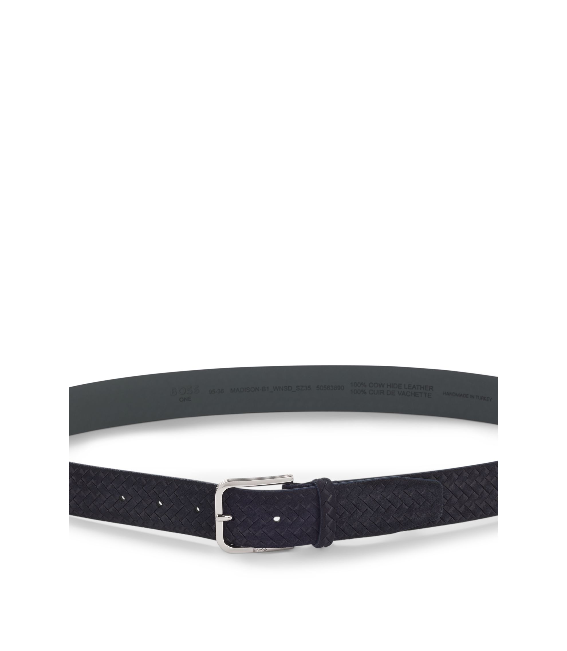 BOSS - Logo-buckle belt in woven suede - Dark Blue