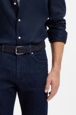 Ceinture en cuir su&eacute;d&eacute; tress&eacute; avec boucle logot&eacute;e, Bleu fonc&eacute;