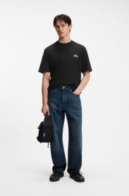 Regular-fit cotton T-shirt with varsity logo, Black