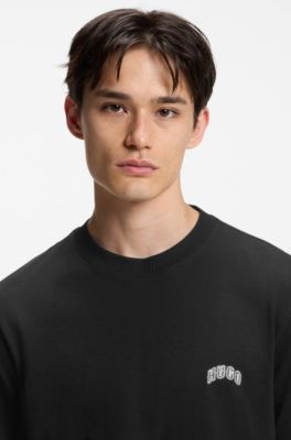 Regular-fit cotton T-shirt with varsity logo, Black