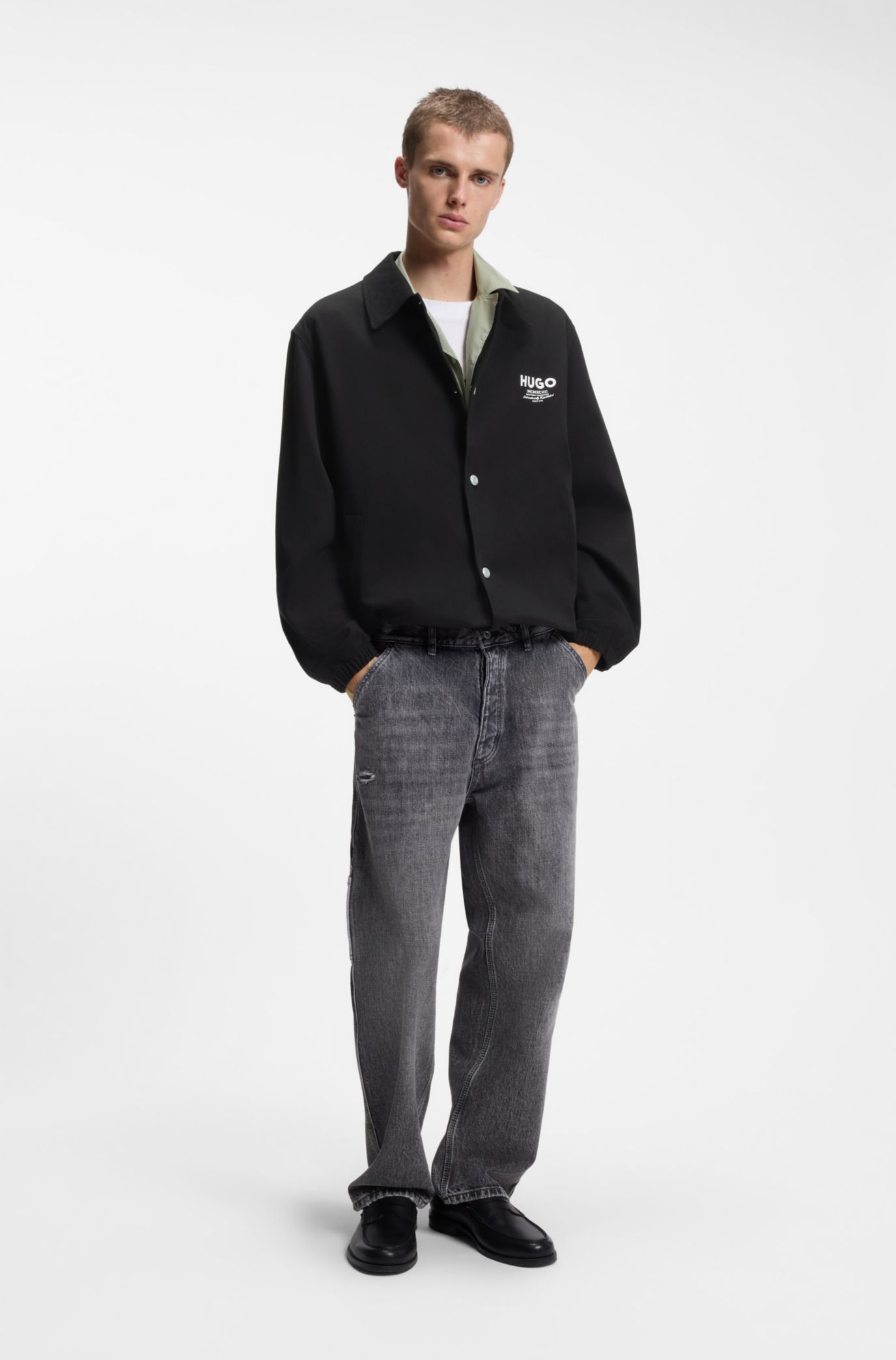HUGO - Cotton-twill coach jacket with logo details - Black