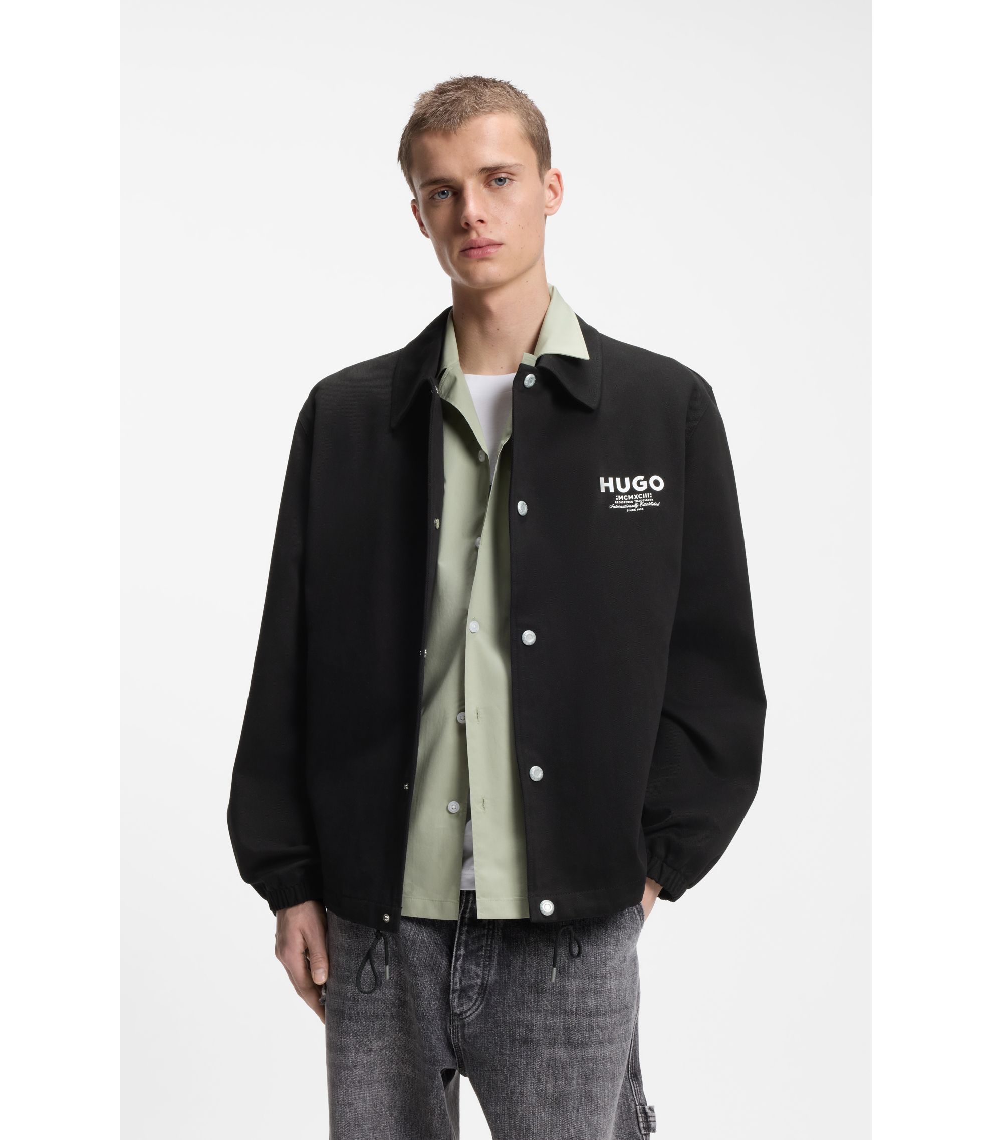 HUGO - Cotton-twill coach jacket with logo details - Black