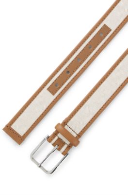 Pin-buckle belt in leather and canvas, Light Beige
