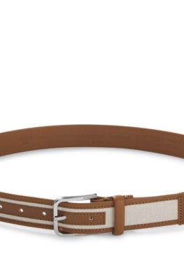 Pin-buckle belt in leather and canvas, Light Beige