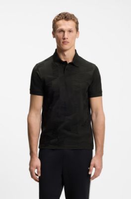 Regular-fit cotton knit polo with 3D jacquard design, Black