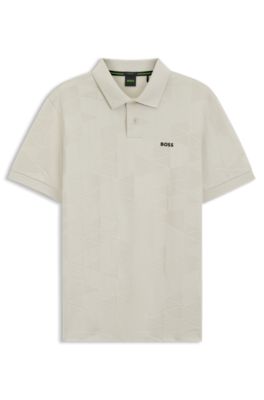 Regular-fit cotton knit polo with 3D jacquard design, Light Beige