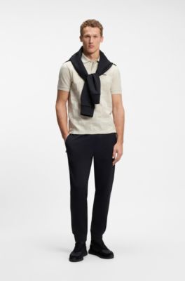 Regular-fit cotton knit polo with 3D jacquard design, Light Beige
