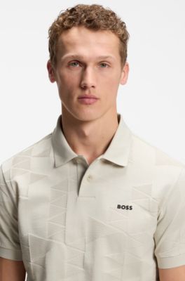 Regular-fit cotton knit polo with 3D jacquard design, Light Beige