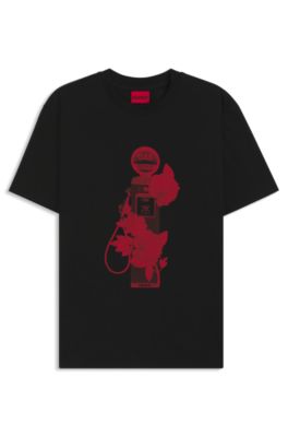 Camiseta de punto de algod&oacute;n con gr&aacute;ficos de rosas e inspiraci&oacute;n motera, Negro