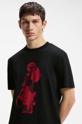 Camiseta de punto de algod&oacute;n con gr&aacute;ficos de rosas e inspiraci&oacute;n motera, Negro