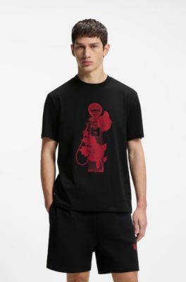Camiseta de punto de algod&oacute;n con gr&aacute;ficos de rosas e inspiraci&oacute;n motera, Negro
