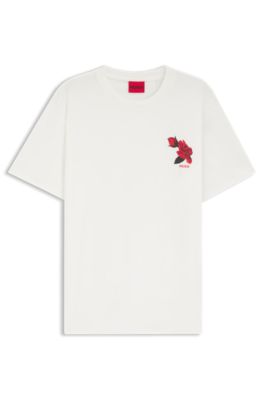 Camiseta de punto de algod&oacute;n con gr&aacute;ficos de rosas e inspiraci&oacute;n motera, Blanco