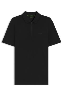 Zipper-neck polo shirt in cotton-blend jersey, Black