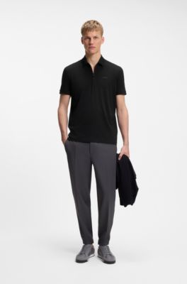 Zipper-neck polo shirt in cotton-blend jersey, Black