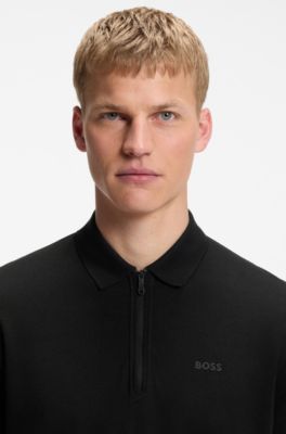Zipper-neck polo shirt in cotton-blend jersey, Black