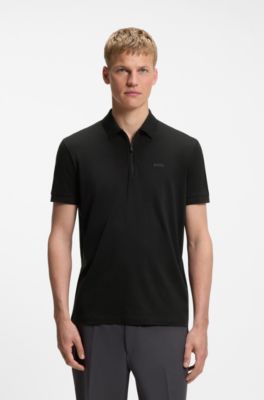 Zipper-neck polo shirt in cotton-blend jersey, Black
