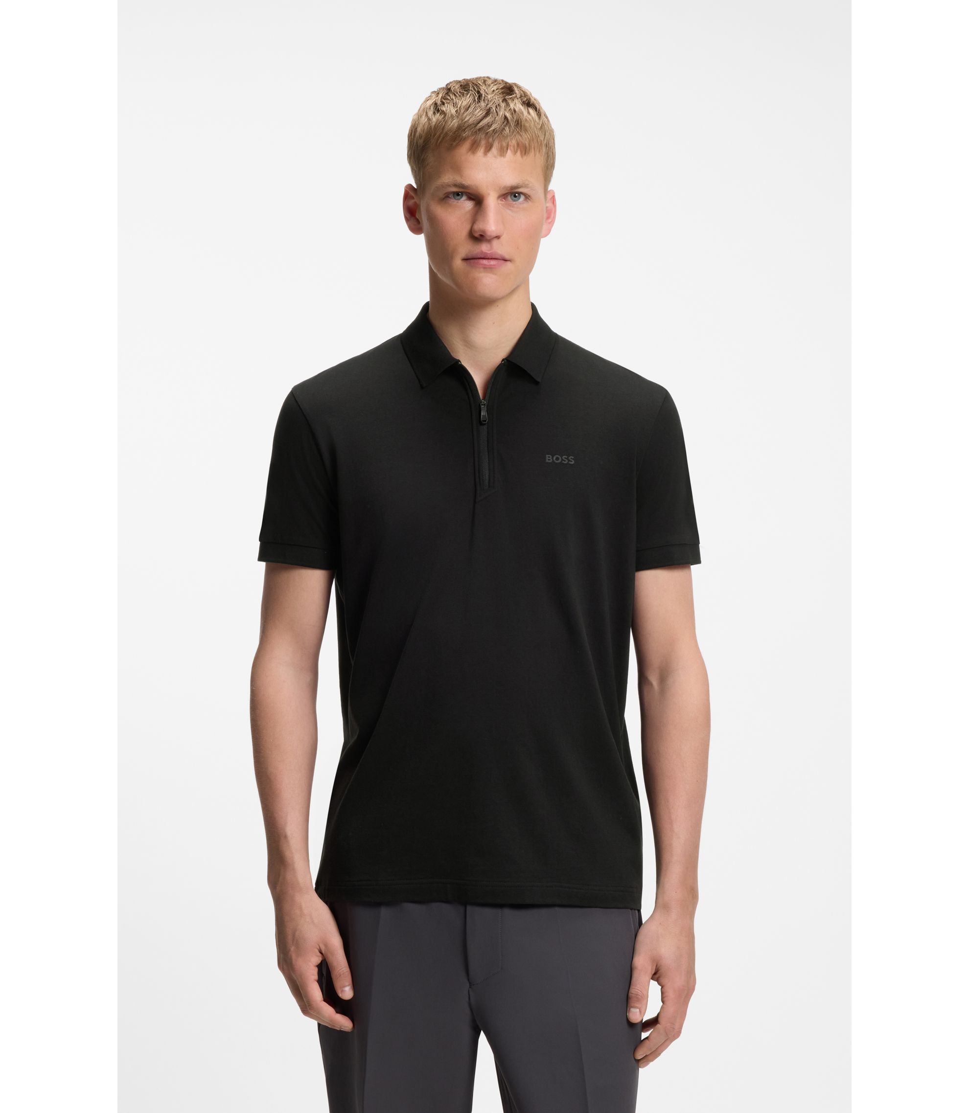 BOSS - Zipper-neck polo shirt in cotton-blend jersey - Black