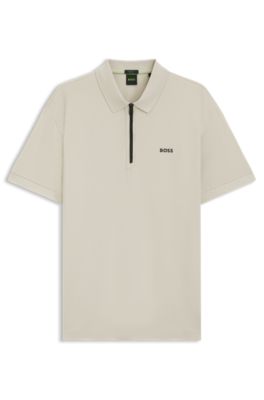 Zipper-neck polo shirt in cotton-blend jersey, Light Beige