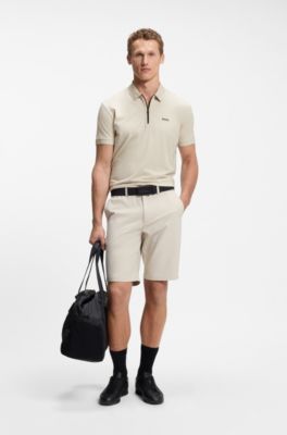 Zipper-neck polo shirt in cotton-blend jersey, Light Beige