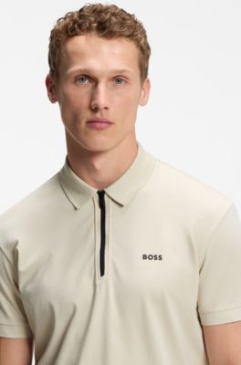 Zipper-neck polo shirt in cotton-blend jersey, Light Beige