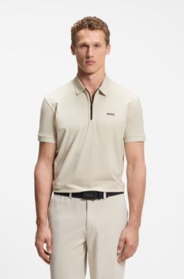 Zipper-neck polo shirt in cotton-blend jersey, Light Beige