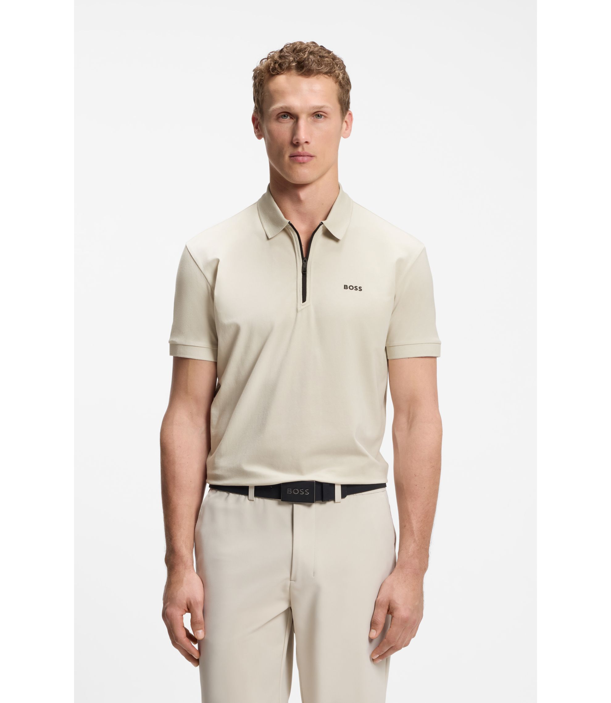 BOSS - Zipper-neck polo shirt in cotton-blend jersey - Light Beige
