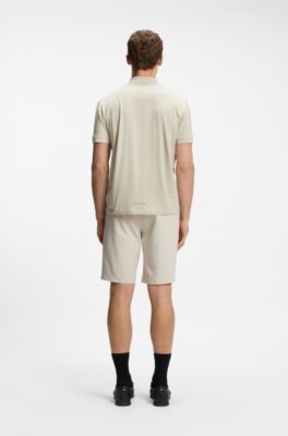 Zipper-neck polo shirt in cotton-blend jersey, Light Beige