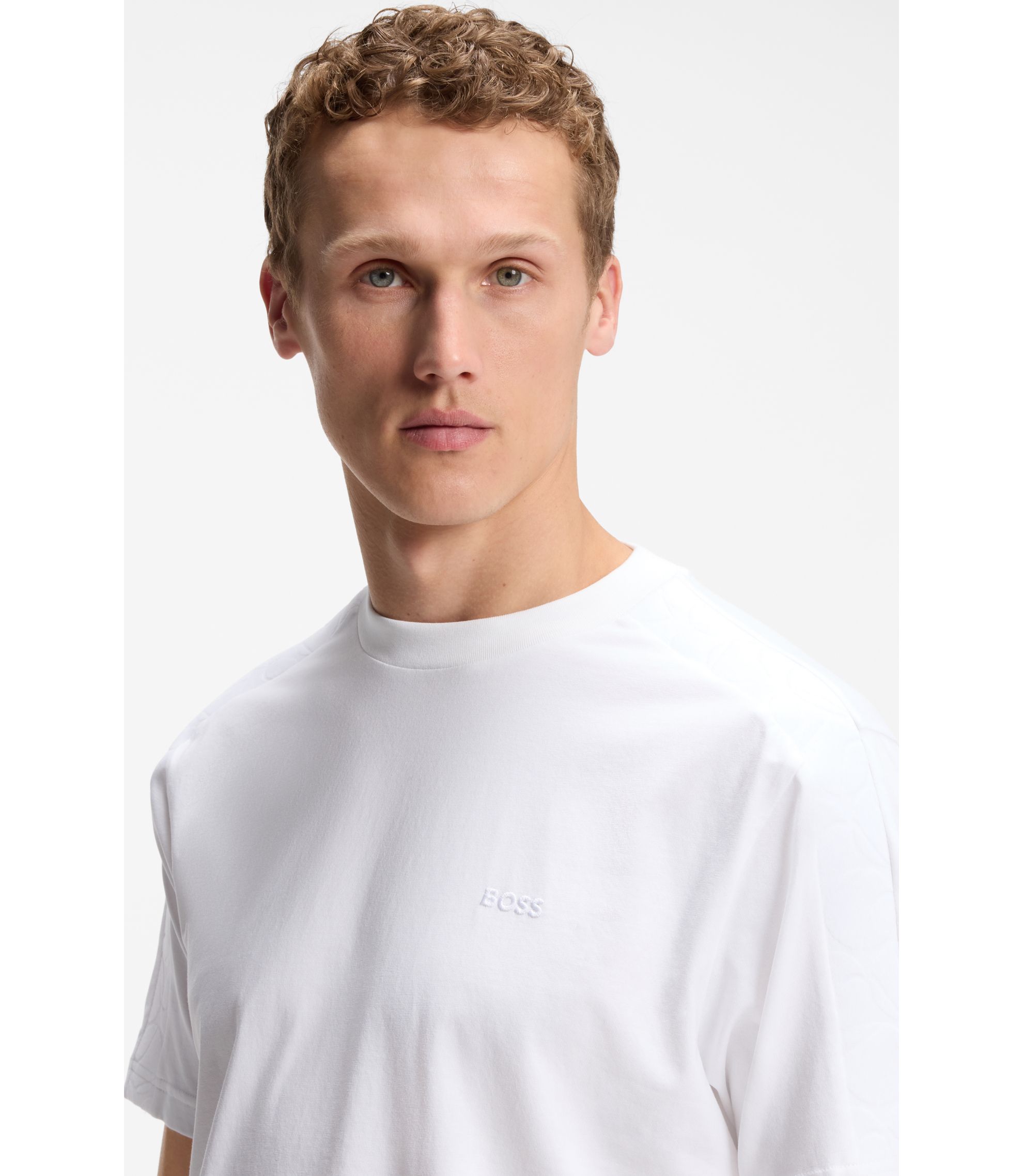 BOSS - Stretch-cotton T-shirt with jacquard tape - White