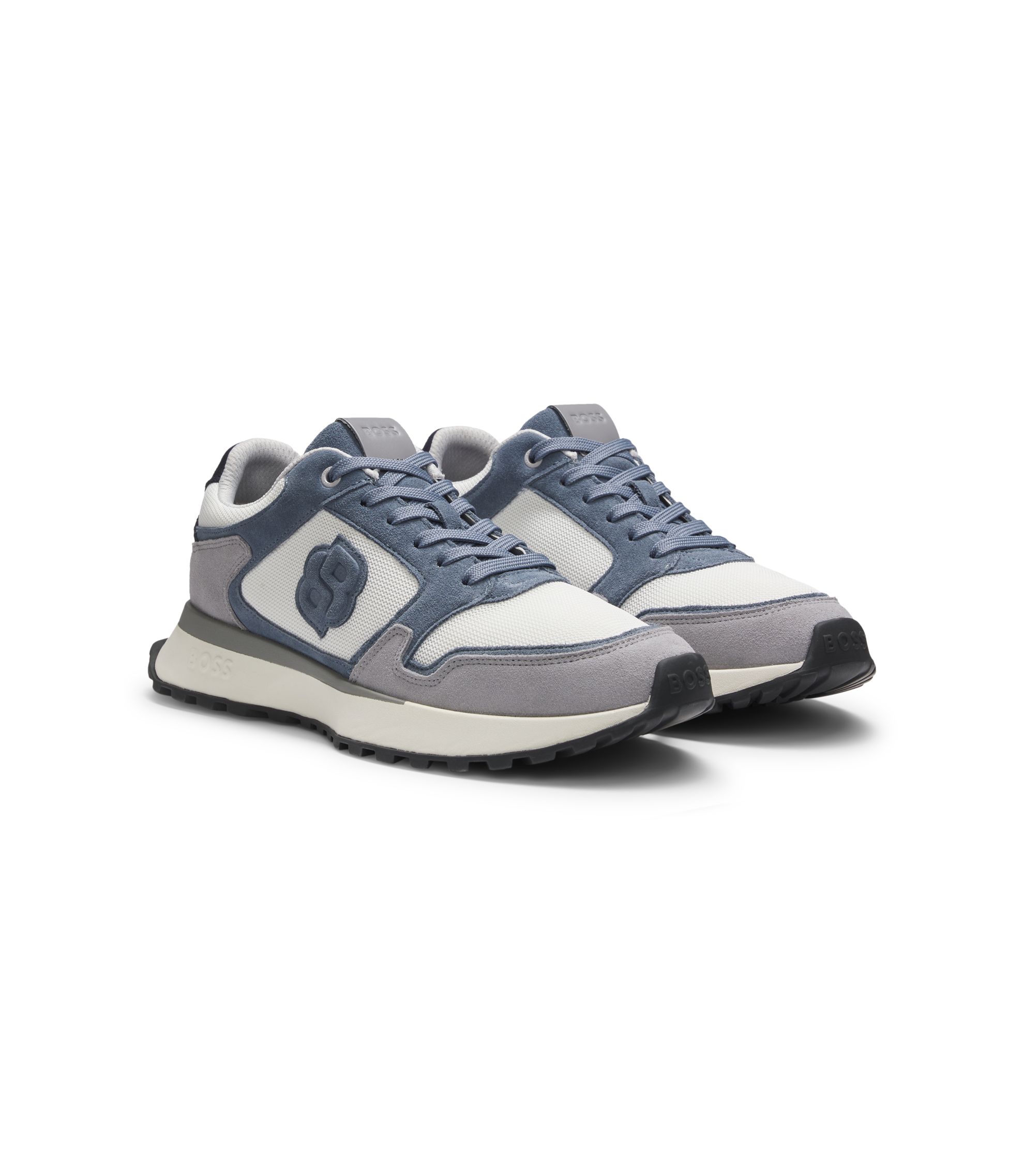 BOSS - Suede-trim trainers with Double B monogram - Light Blue