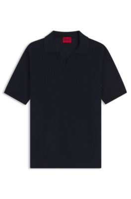 Johnny-collar knit polo in a cotton-linen jacquard, Dark Blue