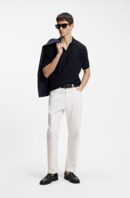 Johnny-collar knit polo in a cotton-linen jacquard, Dark Blue