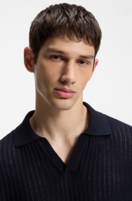 Johnny-collar knit polo in a cotton-linen jacquard, Dark Blue