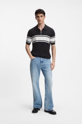 Polo de punto con cremallera en el cuello y rayas anchas, Azul oscuro