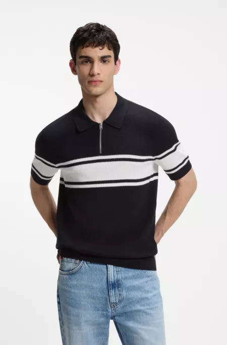 Zipper neck knit polo with block stripes