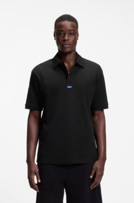 Cotton-piqu&eacute; polo shirt with blue logo badge, Black
